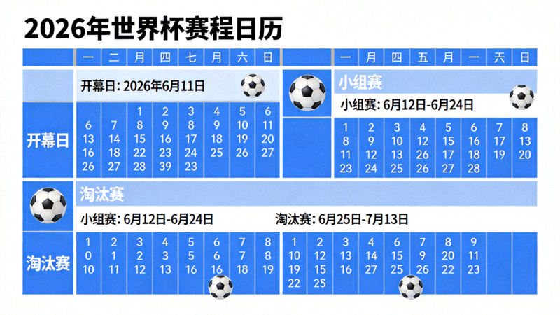 2026年世界杯赛程日历概念图 - 标注了开幕日、小组赛、淘汰赛等关键日期